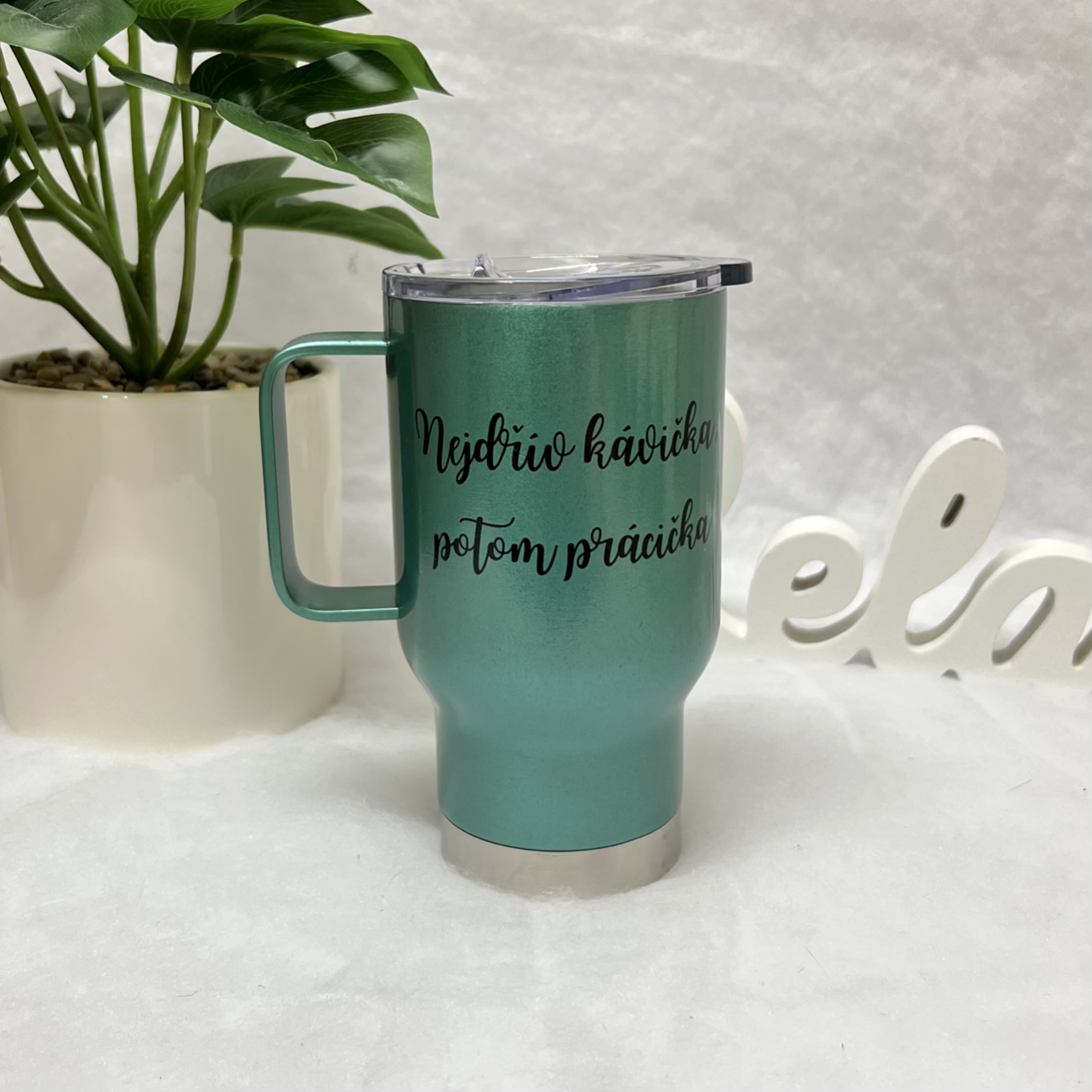 Termohrnek tyrkysový Nejdřív kávička, potom prácička 450ml