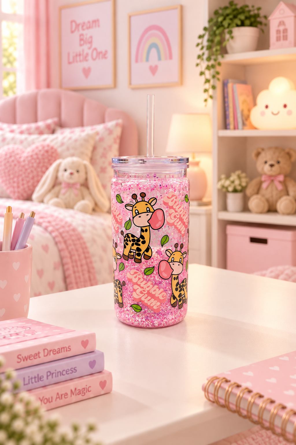 Plastová sklenička Žirafa bubblegum (růžová)