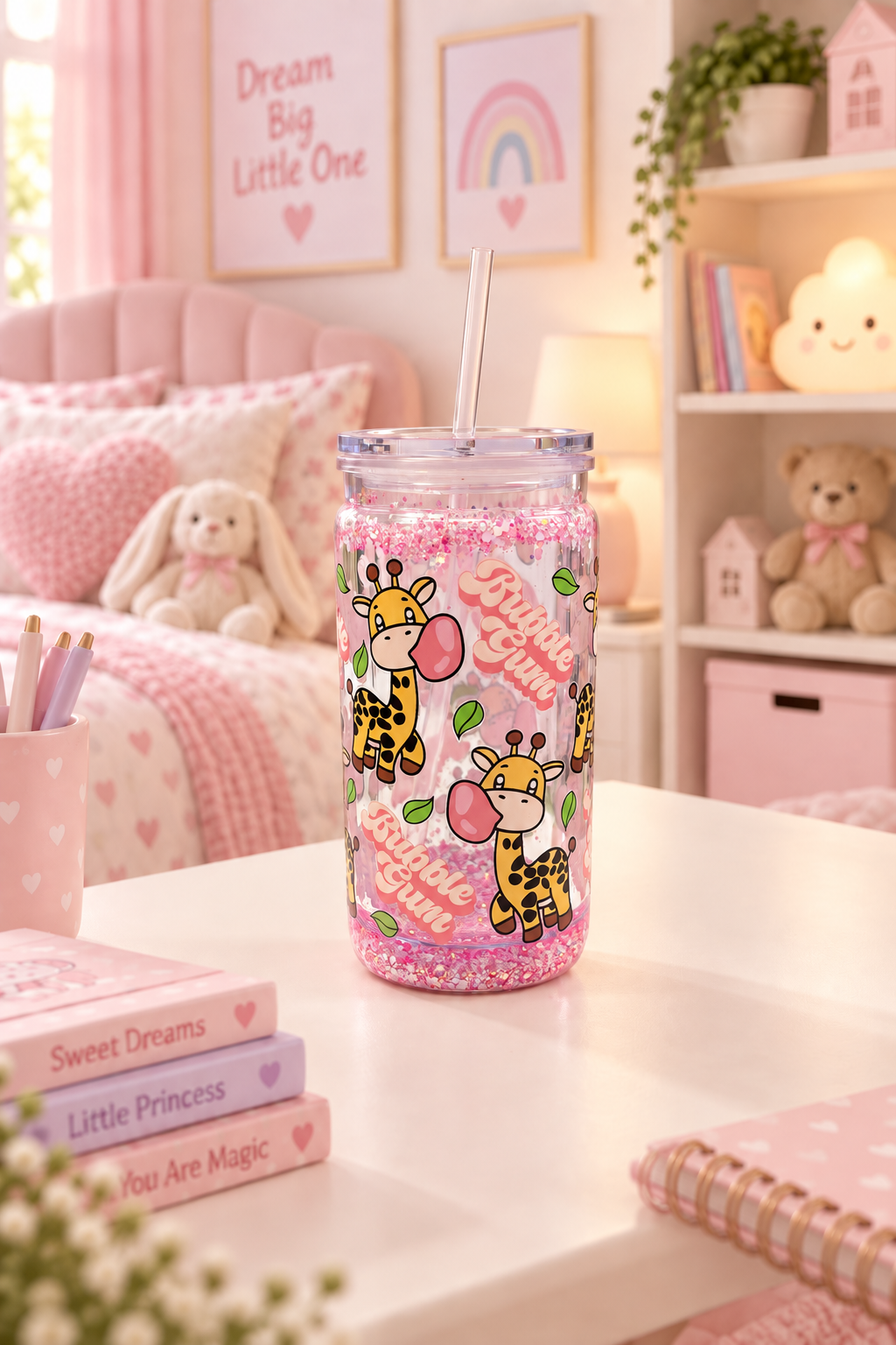 Plastová sklenička Žirafa bubblegum (růžová)